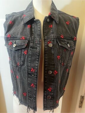 wild fable Black Denim Vest with Red Cherry Embroidery